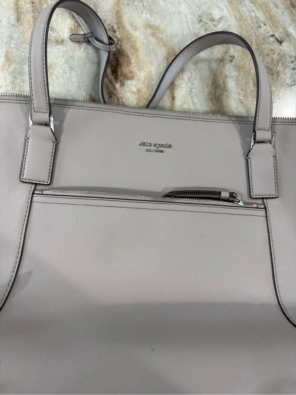 kate spade Light Gray Leather Tote with Front Zip Pocket